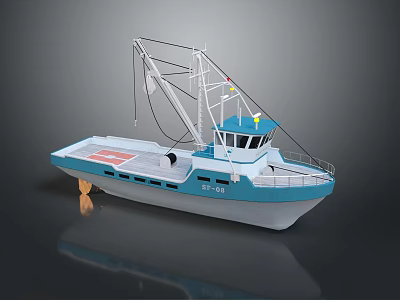 Blue And White Fishing Boat With Crane And ST 09 Marking 3d model