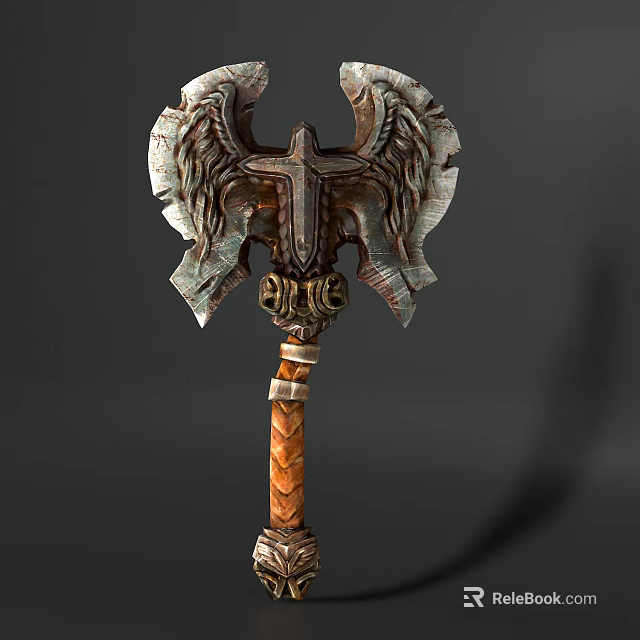 Ancient Style Decorative Battle Axe With Wing Shaped Head And Braided Wooden Handle 3d model 