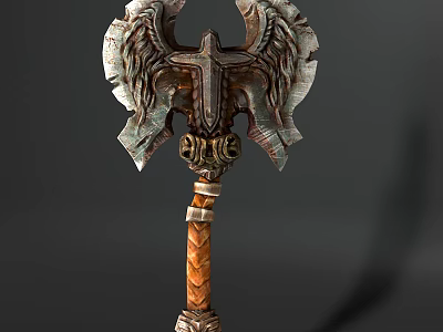 Ancient Style Decorative Battle Axe With Wing Shaped Head And Braided Wooden Handle 3d model
