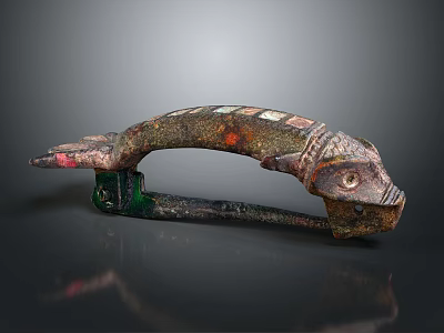 Antique Bronze Fish Shaped Handle As Vintage Household Item With Colorful Inlays 3d model