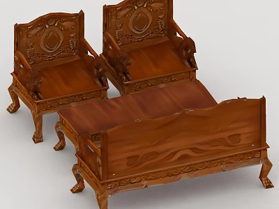 Chinese Style Wooden Tea Table and Chairs with Carved Patterns and Classic Design 3d model