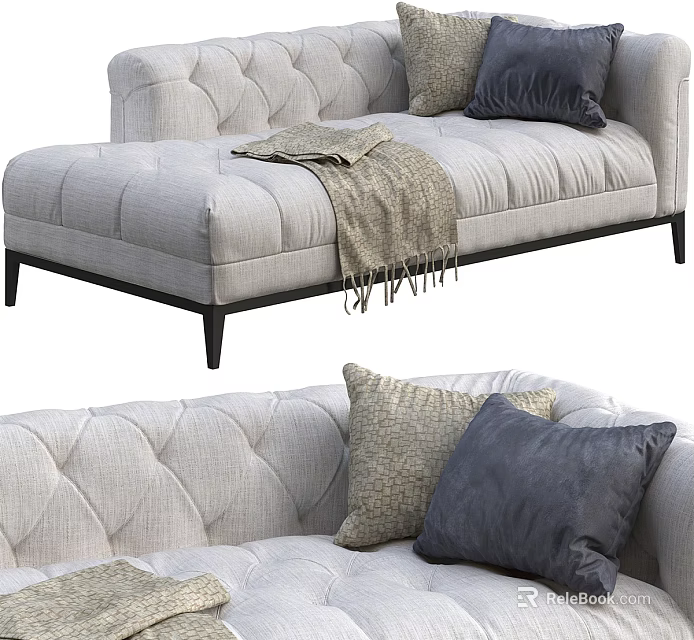 Tufted Light Gray Chaise Lounge With Decorative Pillows And Throw Blanket 3d model