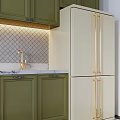 Green Modern Kitchen Interior With Green Cabinets White Refrigerator Range Hood And Tile Backsplash