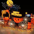 Halloween Photo Spot With Happy Halloween Sign Carved Pumpkin And Wheel Decorations
