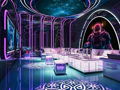 Modern KTV Space Lounge With Neon Lighting Starry Ceiling Astronaut Decor And Coffee Tables 3d model