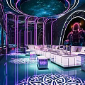 Modern KTV Space Lounge With Neon Lighting Starry Ceiling Astronaut Decor And Coffee Tables
