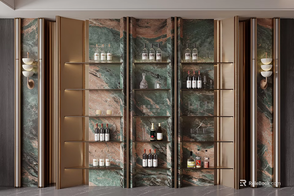 Modern Wine Cabinet With Marble Backdrop Metal Frame Glass Shelves Displaying Wine Bottles And Glassware 3d model 