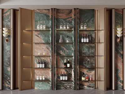 Modern Wine Cabinet With Marble Backdrop Metal Frame Glass Shelves Displaying Wine Bottles And Glassware 3d model