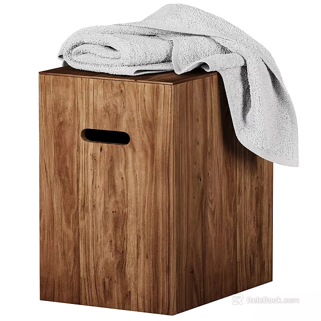 Stylish Wooden Laundry Hamper With Gray Towel For Bathroom Daily Use 3d model 