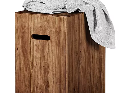 Stylish Wooden Laundry Hamper With Gray Towel For Bathroom Daily Use 3d model