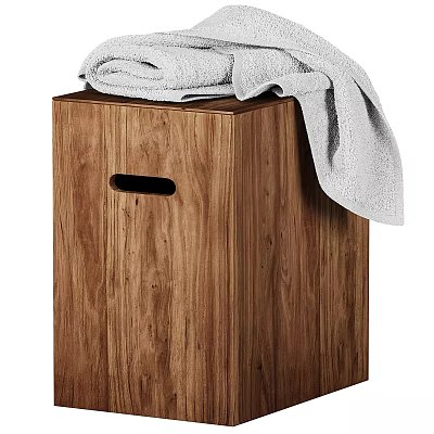 Stylish Wooden Laundry Hamper With Gray Towel For Bathroom Daily Use 3d model