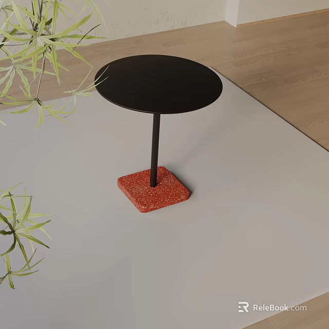 Modern Round Black Top Side Table With Red Textured Square Base And Green Plants 3d model 