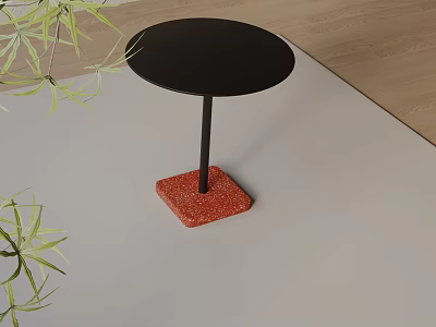 Modern Round Black Top Side Table With Red Textured Square Base And Green Plants 3d model