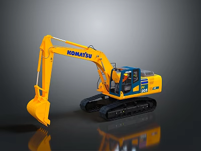 Detailed Yellow Komatsu 200 Tracked Excavator With Front Bucket And Operator Cab 3d model