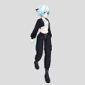 Woman with blue hair and animal ears in black cardigan white crop top black pants