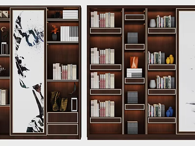 Modern Wooden Bookcase Interior With Multiple Shelves Filled With Books And Decorative Items 3d model