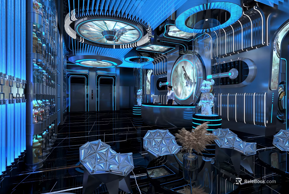 Modern Futuristic KTV Interior With Blue Lighting Circular Ceiling Bar Counter And Geometric Seats 3d model 