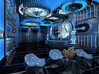 Modern Futuristic KTV Interior With Blue Lighting Circular Ceiling Bar Counter And Geometric Seats 3d model