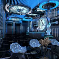 Modern Futuristic KTV Interior With Blue Lighting Circular Ceiling Bar Counter And Geometric Seats