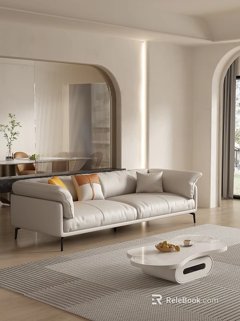 Modern White Leather Two Seater Sofa With Accent Pillows In Bright Living Room 3d model 