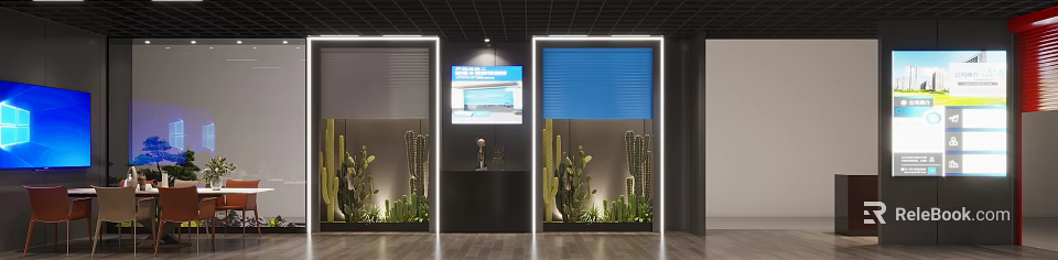 Modern Reception Space Featuring Display Screen Blue Roller Shutters And Cacti Plants 3d model 