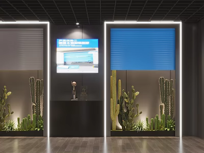Modern Reception Space Featuring Display Screen Blue Roller Shutters And Cacti Plants 3d model