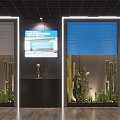 Modern Reception Space Featuring Display Screen Blue Roller Shutters And Cacti Plants