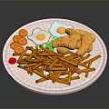 Appetizing Plate with French Fries Fried Eggs Chicken Nuggets Carrot Slices Green Peas and Ketchup