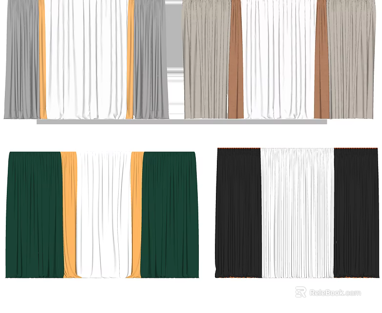 Various Colored Curtains With Striped And Solid Design Styles For Home Decor 3d model 