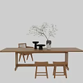 Simple Wooden Dining Table With Chair Stools Green Plant Vase and Black Bowl