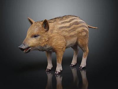 Baby Wild Boar with Brown Stripes Standing on Black Background Showing Reflection 3d model