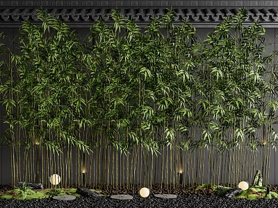 Lush Bamboo Plants With Green Leaves Stone Decor And Small Lights Against Dark Wall 3d model