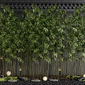 Lush Bamboo Plants With Green Leaves Stone Decor And Small Lights Against Dark Wall