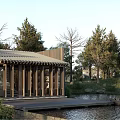 Traditional Chinese Religious Shrine With Tile Roof Wooden Structure By Waterfront Surrounded by Green Trees