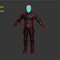 Man in blue superhero uniform with red details silver accents standing on gray background