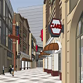 Vibrant Commercial Street with Traditional Architecture Arched Windows Brick Facades and Busy Crowds Around Storefronts