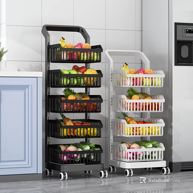 Black and White Multi layer Rolling Kitchen Storage Rack for Fruit Vegetable Organization 3d model