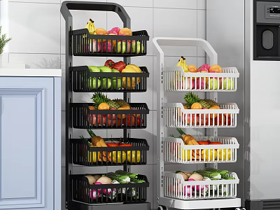 Black and White Multi layer Rolling Kitchen Storage Rack for Fruit Vegetable Organization 3d model