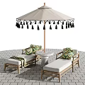 Outdoor Lounge Chairs with Decorative Pillows Umbrella and Side Table Setup 3d model