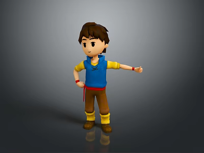 3D Cartoon Game Movie Character Boy Wearing Blue Vest Yellow Sleeves Standing with Outstretched Hand 3d model