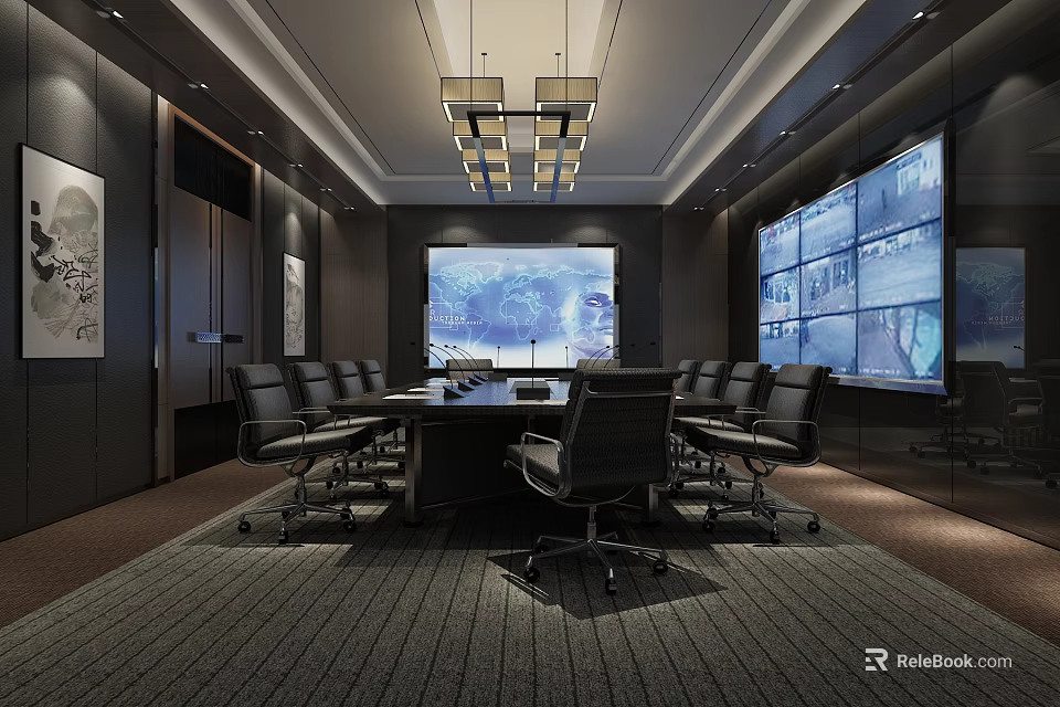 Modern Monitoring Room Interior With Multiple Large Screens Conference Table And Black Chairs 3d model 