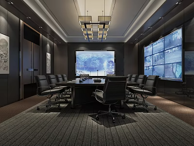 Modern Monitoring Room Interior With Multiple Large Screens Conference Table And Black Chairs 3d model