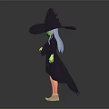 Witch Character in Black Robe with Large Hat Gray Hair White Shirt and Dark Skirt