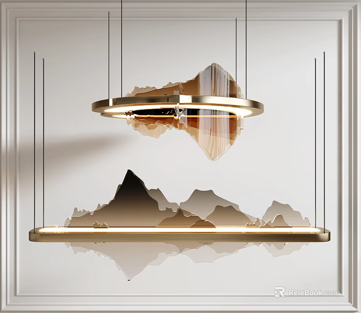 Modern Artistic Chandelier With Golden Circular Frame And Mountain Shaped Decoration For Interior Home Decor 3d model 