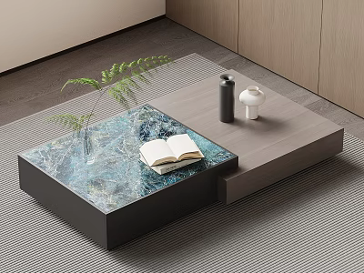 Elegant Marble Coffee Table With Open Book And Green Plant On Grey Carpet 3d model