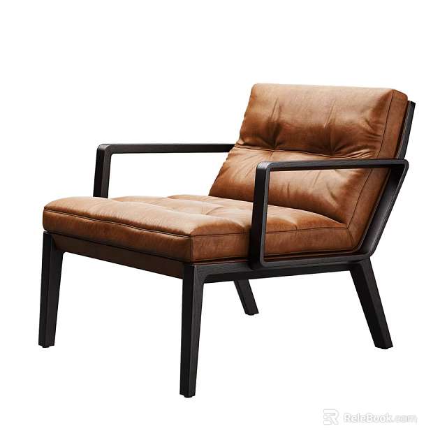 Modern Brown Leather Tufted Armchair with Black Frame and Comfortable Armrests 3d model 