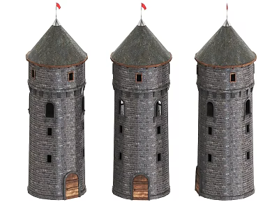 Ancient Architectural Towers with Gray Stone Walls Pointed Roofs Red Flags Arched Windows Wooden Doors 3d model