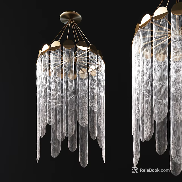 Modern Crystal Chandelier With Gold Metal Frame And Long Transparent Crystal Strips 3d model 