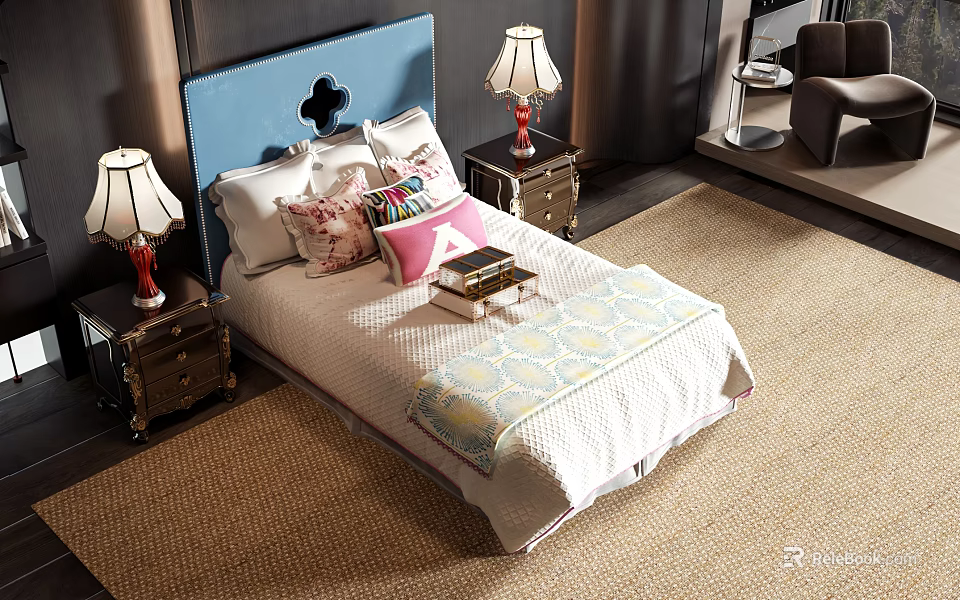 Double Bed with Blue Headboard Multiple Pillows and Nightstands Table Lamps on Rug 3d model 