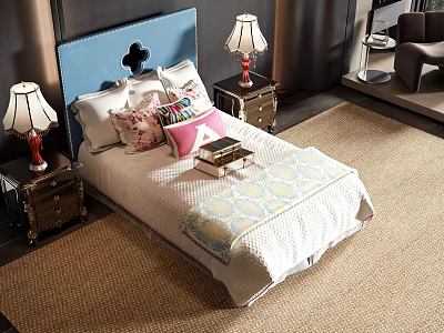 Double Bed with Blue Headboard Multiple Pillows and Nightstands Table Lamps on Rug 3d model